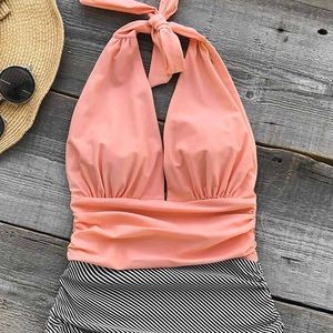 Coral and striped Cupshe swimsuit